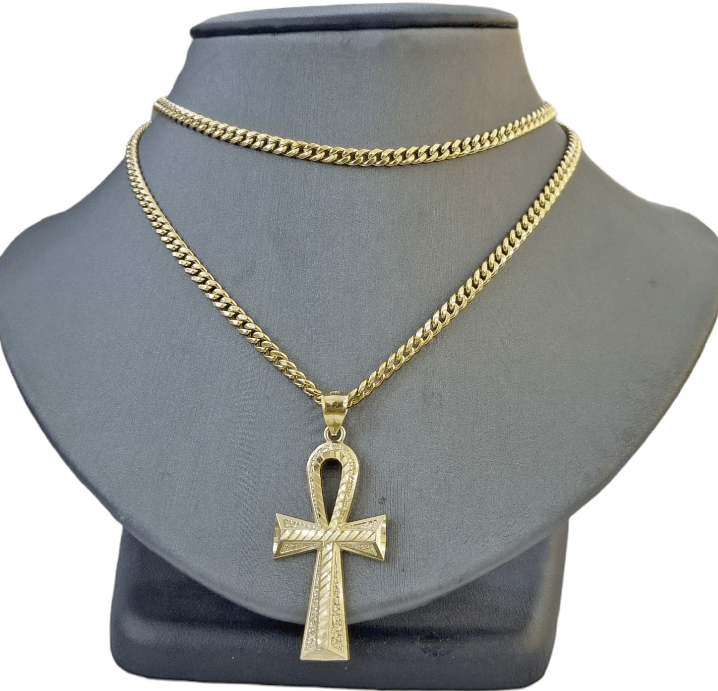 Real 14k Yellow Gold Ankh charm pendant 2.2 Inches Diamond Cuts Charm for Chains - GoldenlinQ